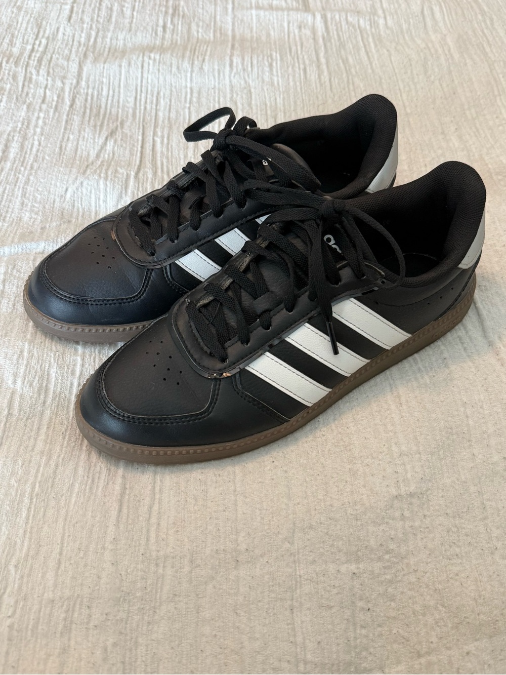 adidas Black Sneakers with White Stripes and Brown Gum Sole